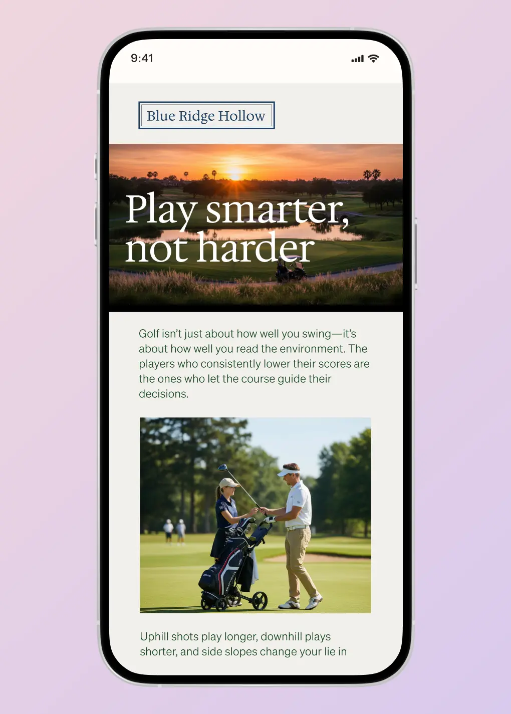 Smartphone screen displaying a golf-themed webpage titled "Play smarter, not harder" with an image of two golfers.
