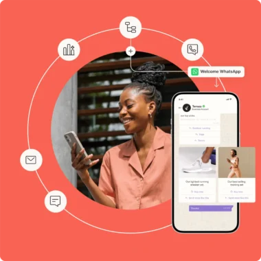 Smiling woman using a smartphone next to a large phone screen displaying a WhatsApp business account. Icons for email, messaging, and calls surround her.