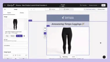 Email design interface showing a product launch for "Tempo Leggings" by Terraza, featuring black leggings.