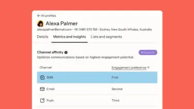 Profile page for Alexa Palmer showing channel affinity preferences: SMS first, Email second, Push third.