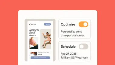 Email marketing interface showing "Spring fit check" campaign with options to optimize send time and schedule for Feb 27, 2025.