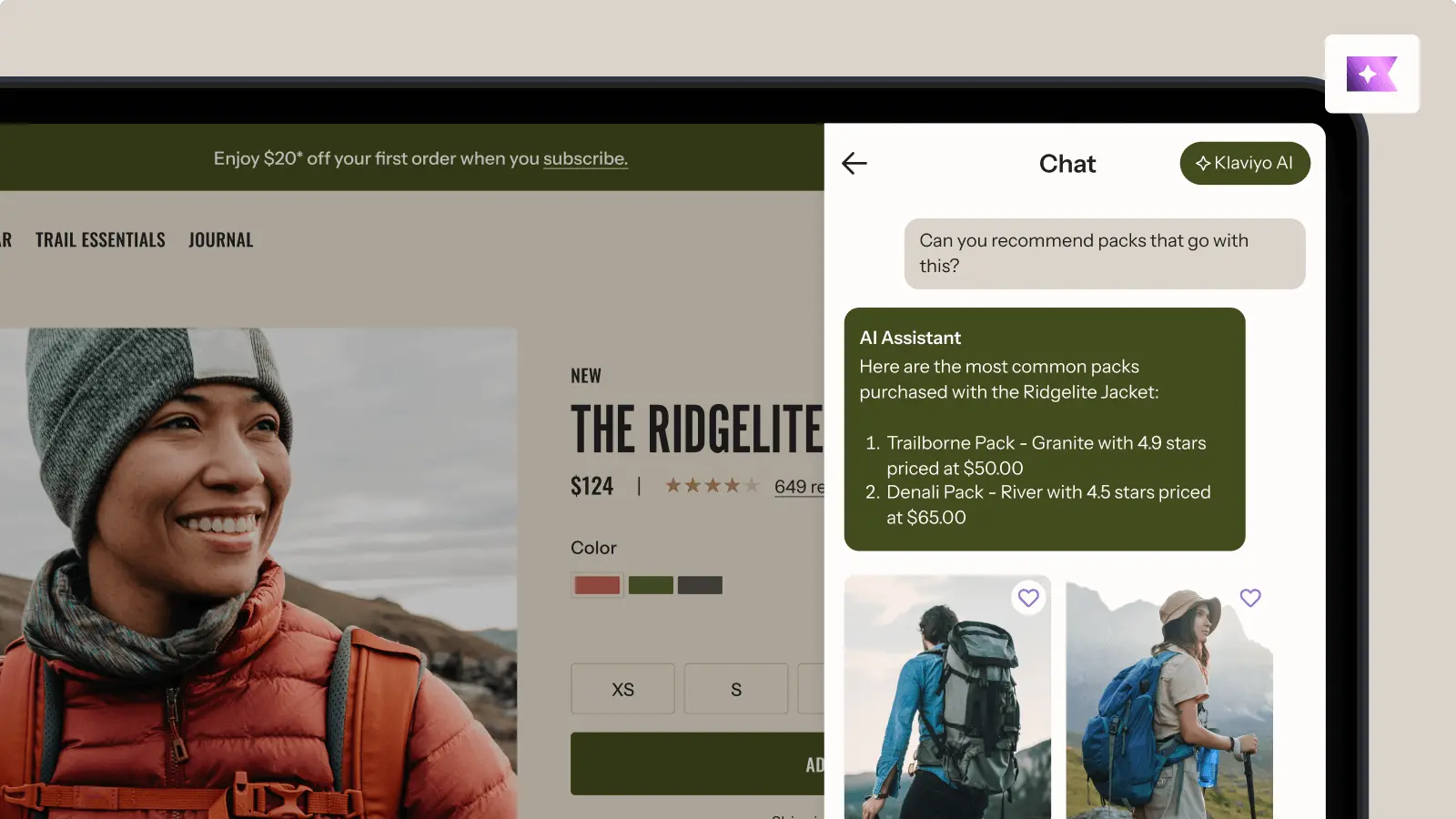 Online shopping interface showing a Ridgelite Jacket with an AI chat recommending compatible packs.