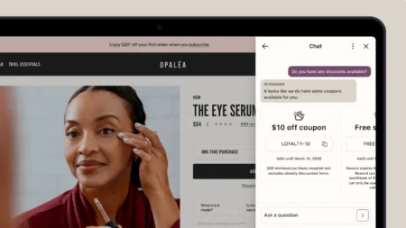 A woman applies eye serum while an online chat displays a $10 off coupon code "LOYALTY-10" for Opaléa products.