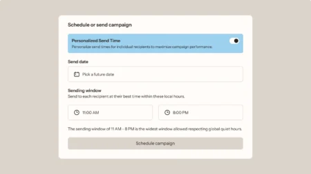 Campaign scheduling interface with personalized send time options, allowing selection of future date and sending window from 11 AM to 8 PM.