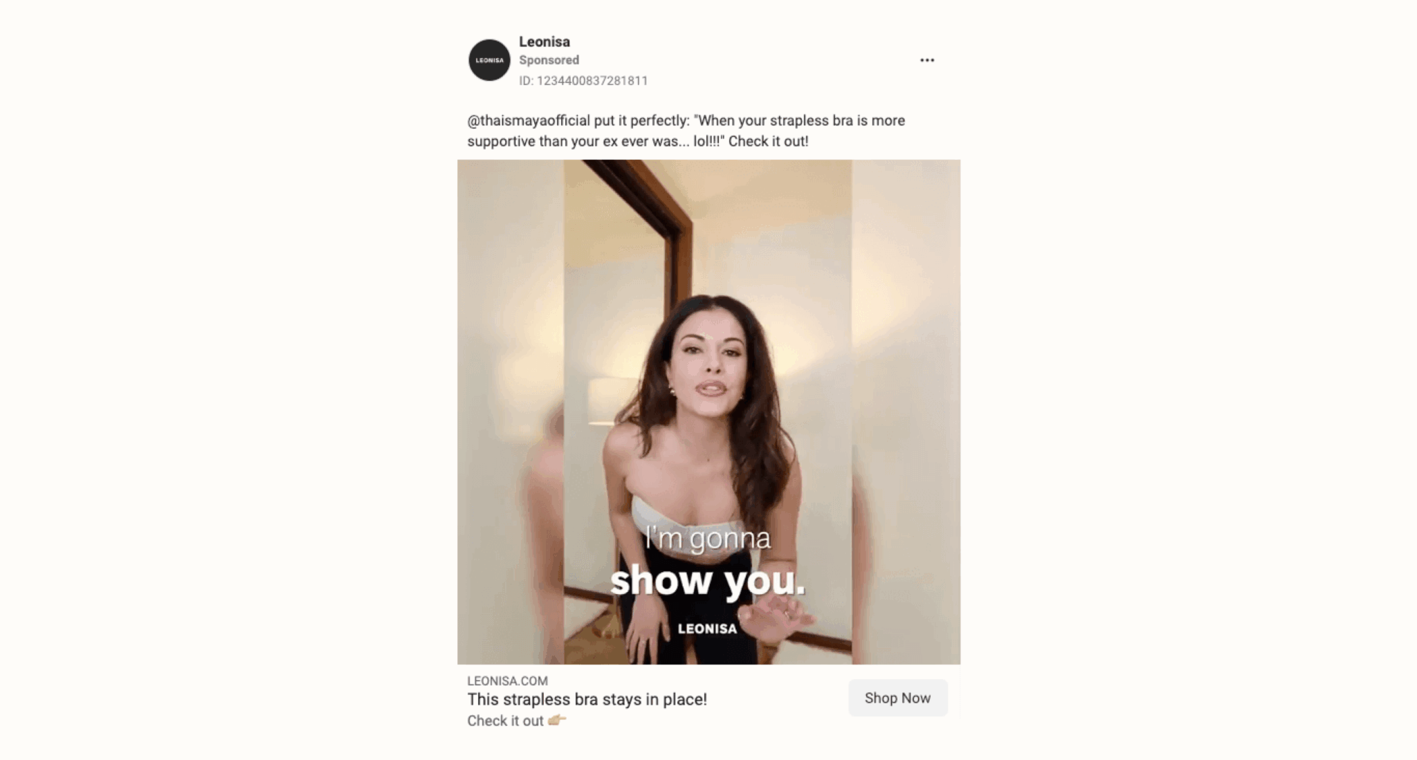 Woman demonstrating a strapless bra in a Leonisa ad, with text overlay: "I'm gonna show you.