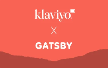 Klaviyo and Gatsby logos with an "x" between them on a red background.