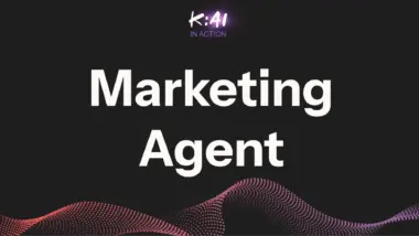 Marketing Agent" text with "K:AI In Action" above, on a dark background with red and purple dotted wave pattern.