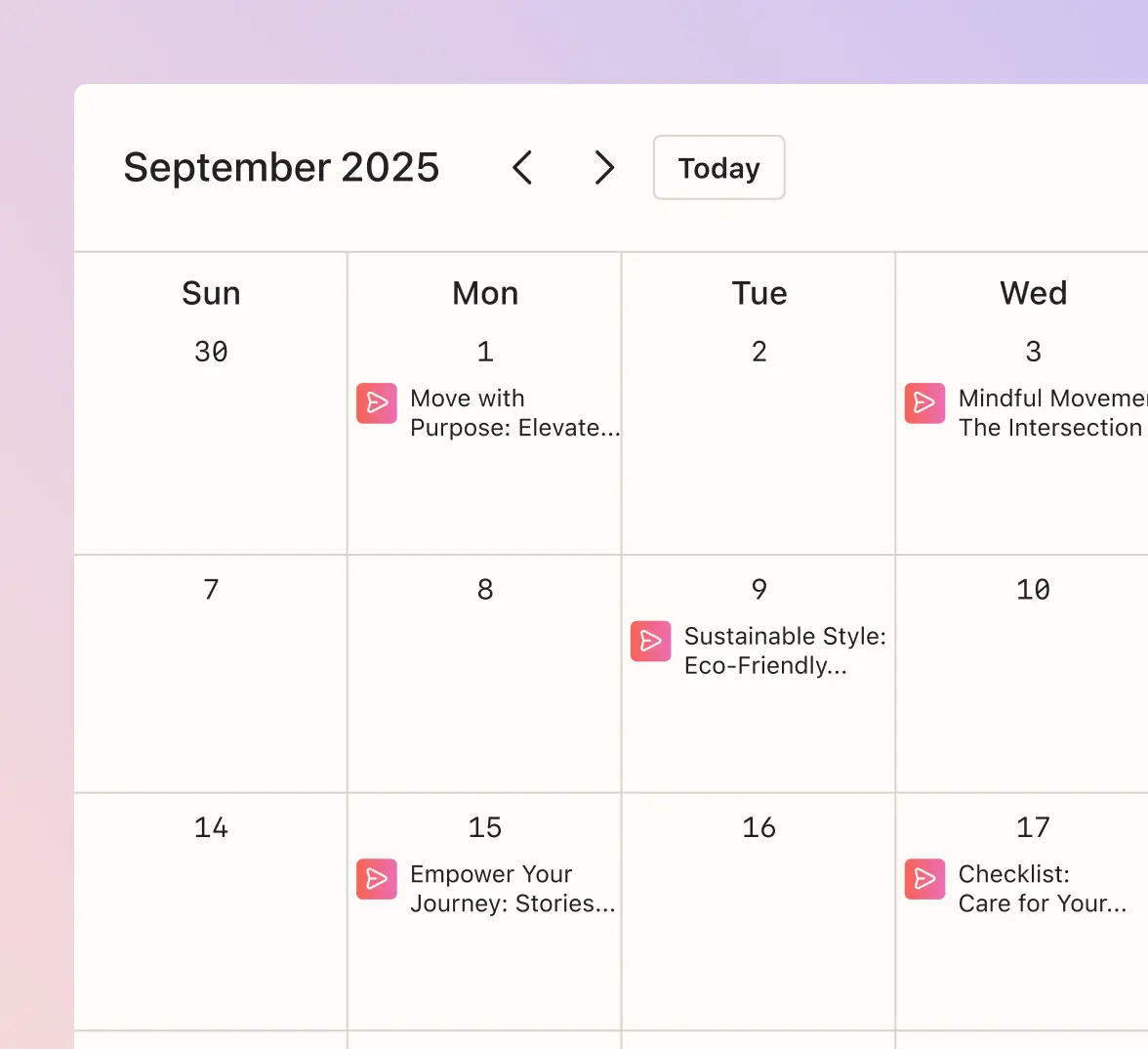 September 2025 calendar with events like "Move with Purpose" and "Sustainable Style" marked on certain days.