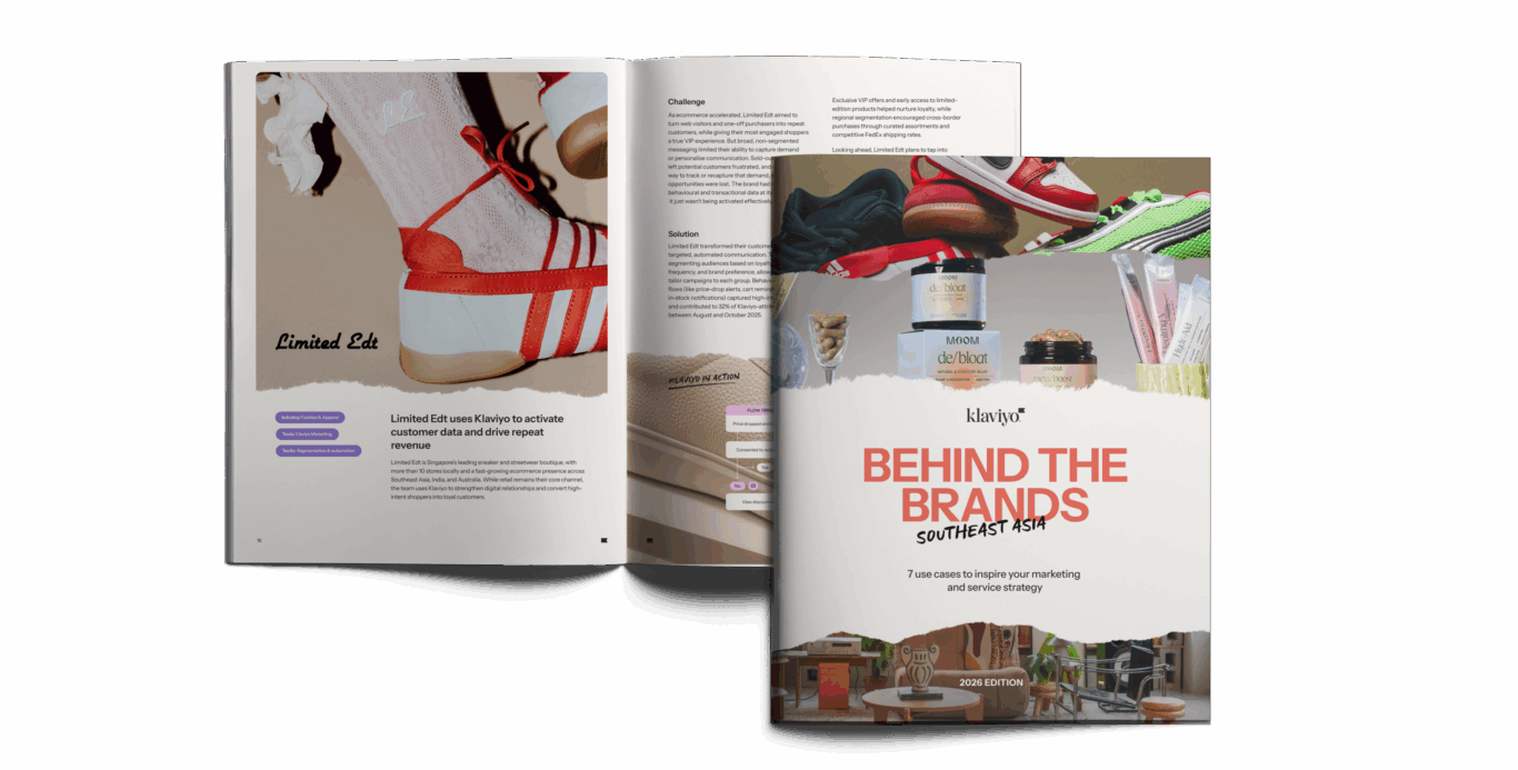 Cover and open pages of "Behind the Brands: Southeast Asia" book, featuring sneakers and skincare products.