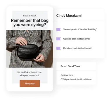 Side-by-side views of Cindy Murakami’s customer profile, a window displaying Smart Send Time, and a back-in-stock email about a bag she’d been looking at