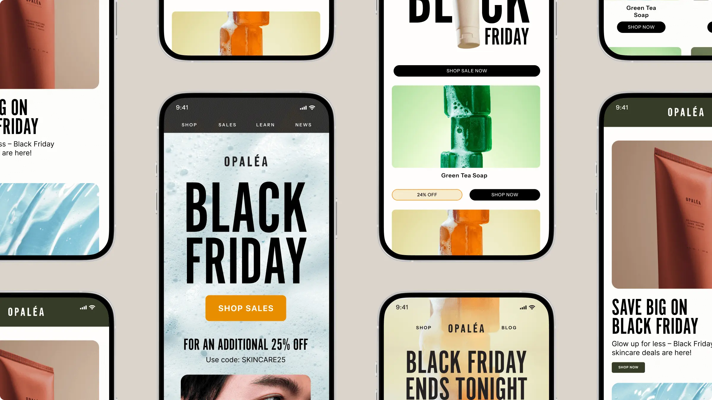 Mobile screens displaying Opaléa Black Friday sales promotions, featuring skincare products and discount offers.