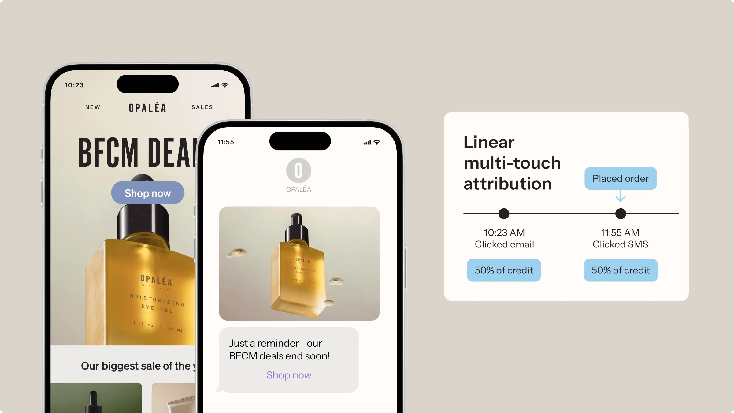 Two smartphones display Opaléa's BFCM deals with a moisturizing eye gel. A chart shows linear multi-touch attribution.