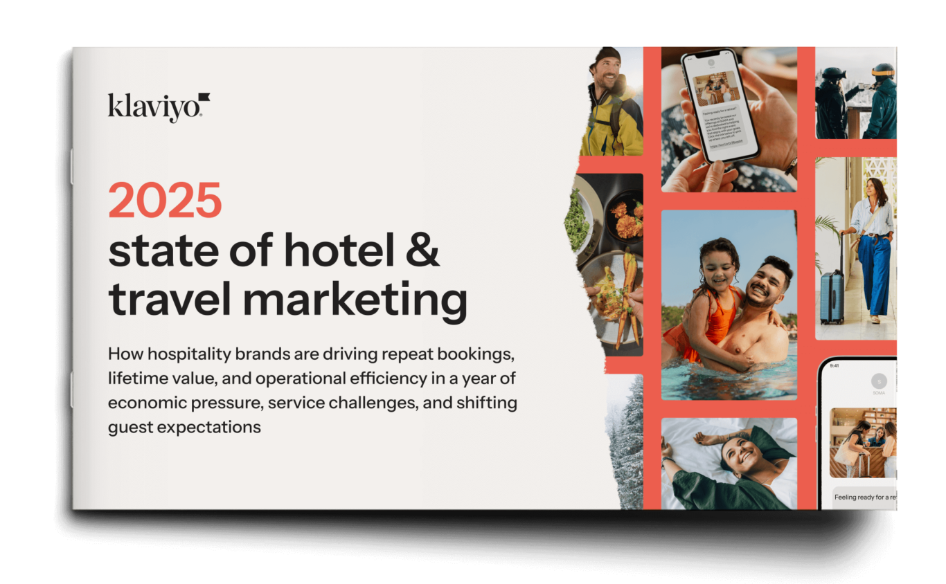 Cover of "2025 State of Hotel & Travel Marketing" by Klaviyo, featuring travel-related images and text about hospitality brand strategies.