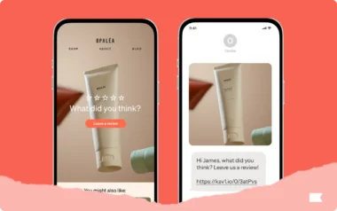 Two smartphones displaying a skincare product review request from Opaléa, with a "Leave a review" button and a text message.