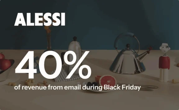Alessi promotional image showing kitchen items with text: "40% of revenue from email during Black Friday.