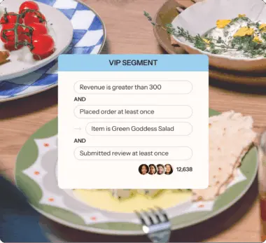 Restaurant table with plates of food. Overlay text titled "VIP Segment" lists criteria for customer segmentation, including revenue and reviews.