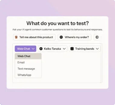 Interface for testing AI agent responses with options for communication methods and topics like "Web Chat" and "Training bands".