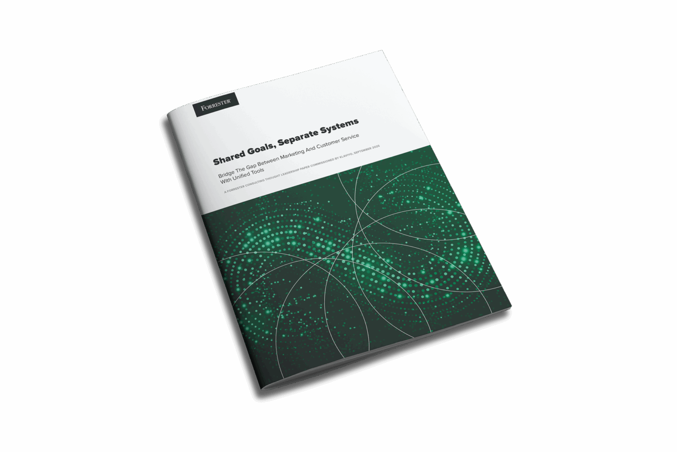 Forrester booklet titled "Shared Goals, Separate Systems" with a green abstract design on the cover.