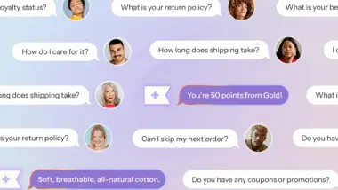 Chat bubbles with customer service questions and responses, featuring small profile images of diverse individuals.