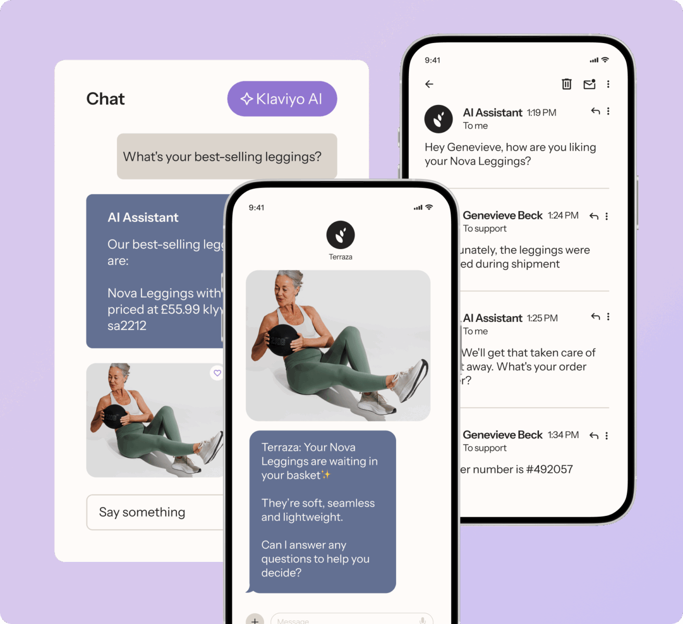 Three smartphone screens display a chat interface with Klaviyo AI, featuring a conversation about Nova Leggings.