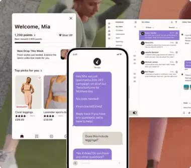 Mobile and desktop screens showing a shopping app and a messaging app. The shopping app displays leggings, and the messaging app shows a conversation about a discount offer.