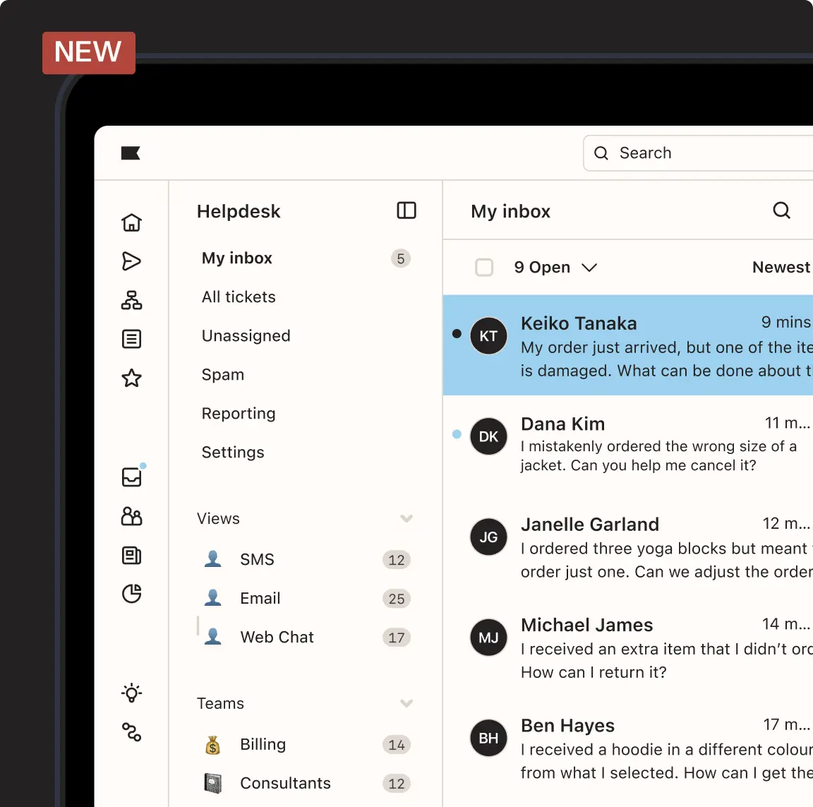 Helpdesk interface showing customer inquiries in the inbox. Messages from Keiko Tanaka, Dana Kim, and others are visible.