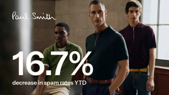 Three men in stylish polo shirts stand indoors. Text: "Paul Smith, 16.7% decrease in spam rates YTD.