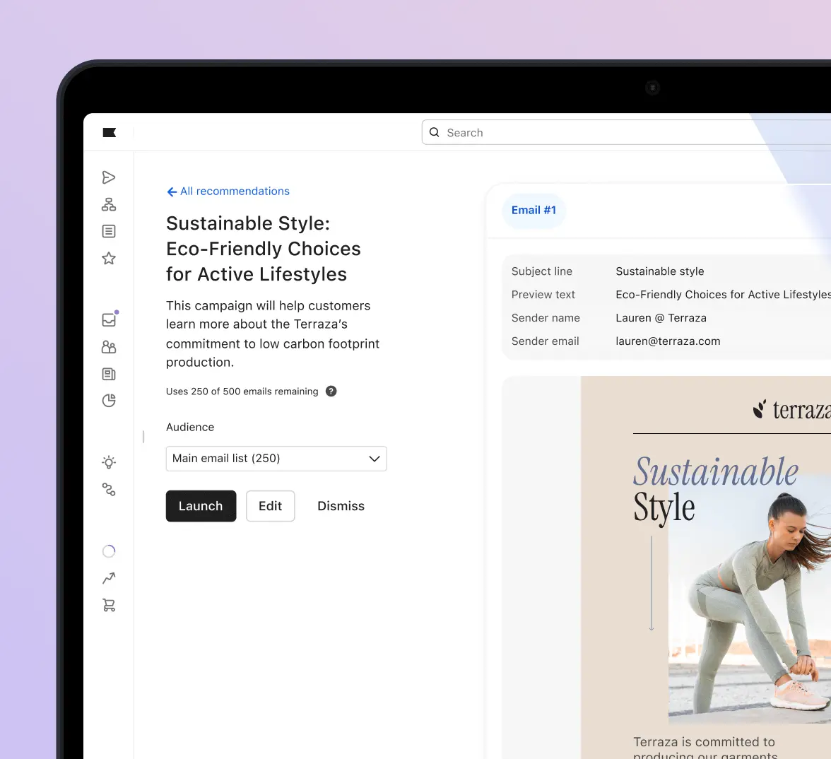 Email marketing dashboard showing a campaign titled "Sustainable Style: Eco-Friendly Choices for Active Lifestyles" by Terrazza.