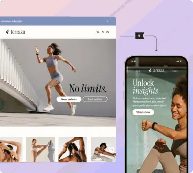 Website and mobile interface for "terraza" featuring a woman running and another stretching, with text promoting new arrivals and insights.