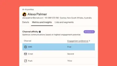 Profile page for Alexa Palmer showing channel affinity preferences: SMS first, Email second, Push third.