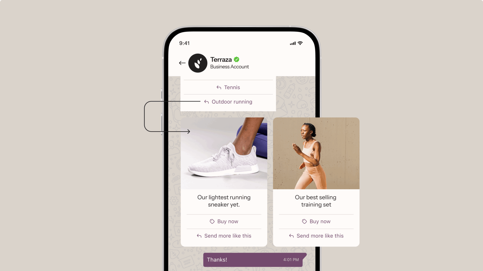 Smartphone displaying a WhatsApp business account for "Terraza" with product cards for running sneakers and a training set.