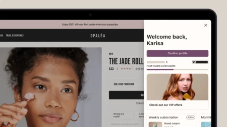 Online shopping interface showing a product page for "The Jade Roller" and a pop-up welcoming a user named Karisa with VIP offers.
