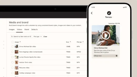 Mobile phone displaying a video thumbnail of a woman in workout attire, with text "Cirrus Workout Set" and "Shop now".