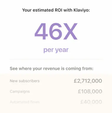 Estimated ROI with Klaviyo is 46X per year. Revenue sources: New subscribers £2,712,000, Campaigns £108,000, Automated flows £40,000.