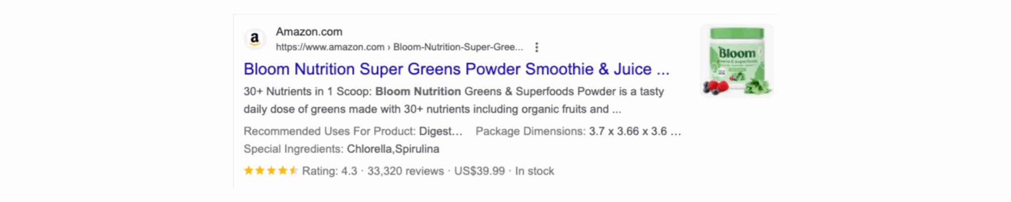 Amazon listing for Bloom Nutrition Super Greens Powder with a 4.3-star rating from 33,320 reviews, priced at US$39.99.