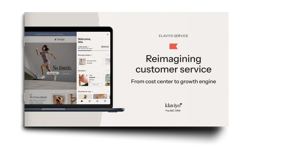 Klaviyo Service workbook cover titled "Reimagining customer service: From cost center to growth engine" with a laptop displaying a customer interface.