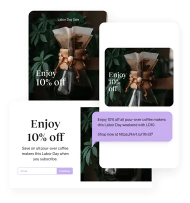 A marketing text message offering a 10% discount on pour-over coffee makers for Labor Day