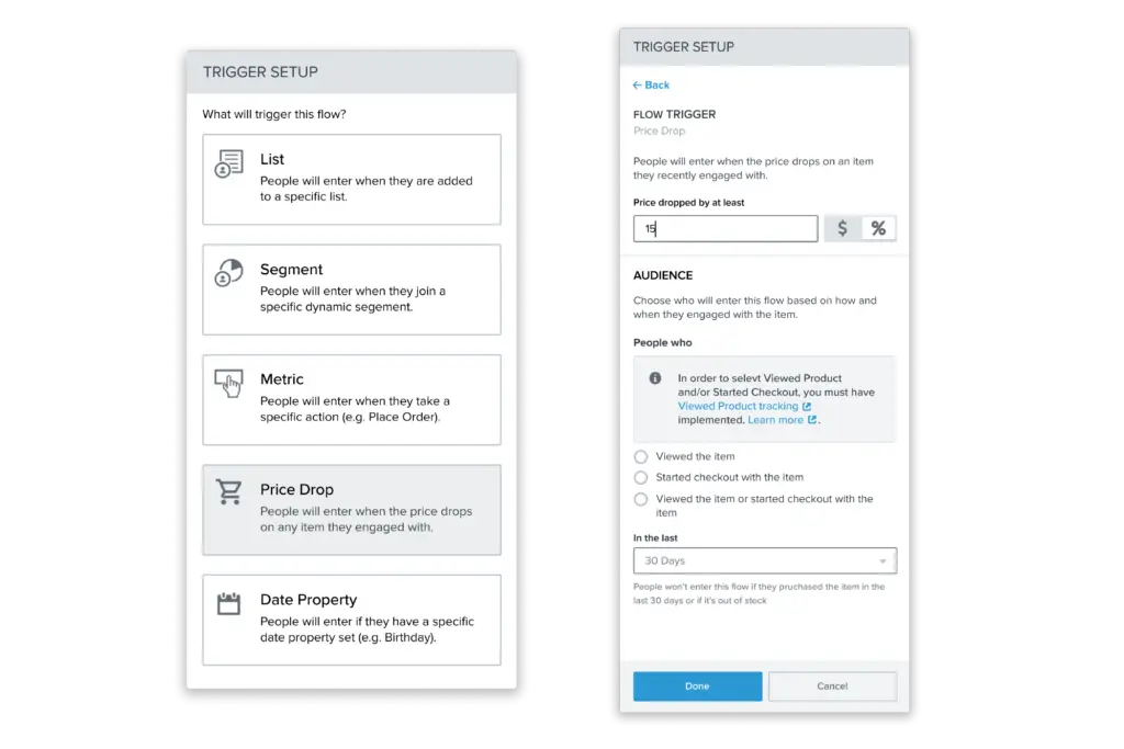 Screenshots of the price drop trigger setup in Klaviyo.