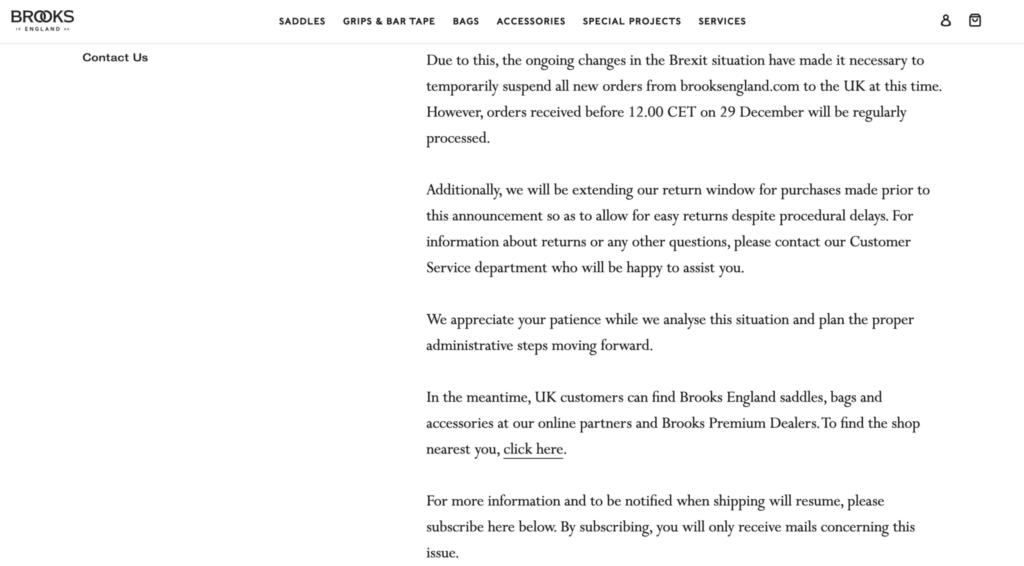 Brooks England Brexit Shipping Notice