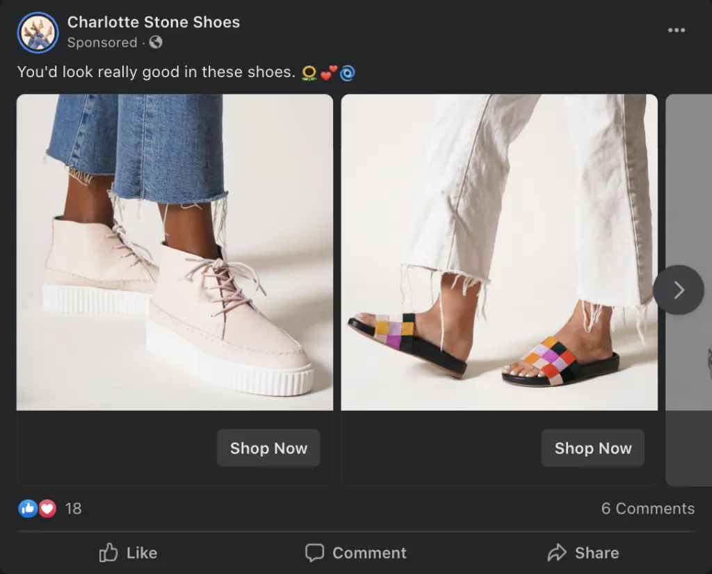 Charlotte stone shoes screenshot for paid ad on instagram