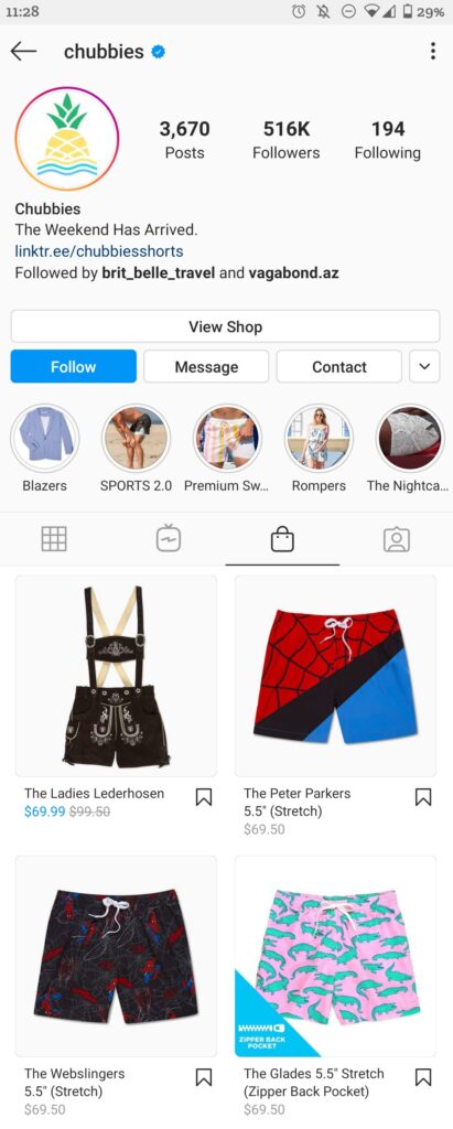 Chubbies shoppable feed on Instagram