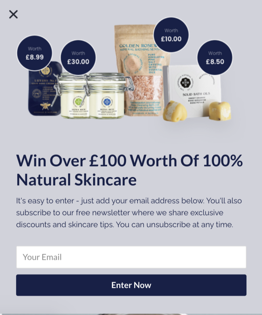Edinburgh Skincare popup that promotes a giveaway of £100 worth of products for subscribing.