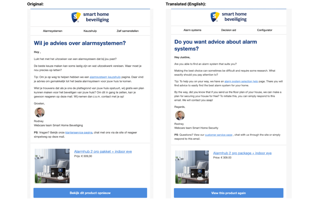 A side by side comparison of two emails from Smart Home Beveiliging.