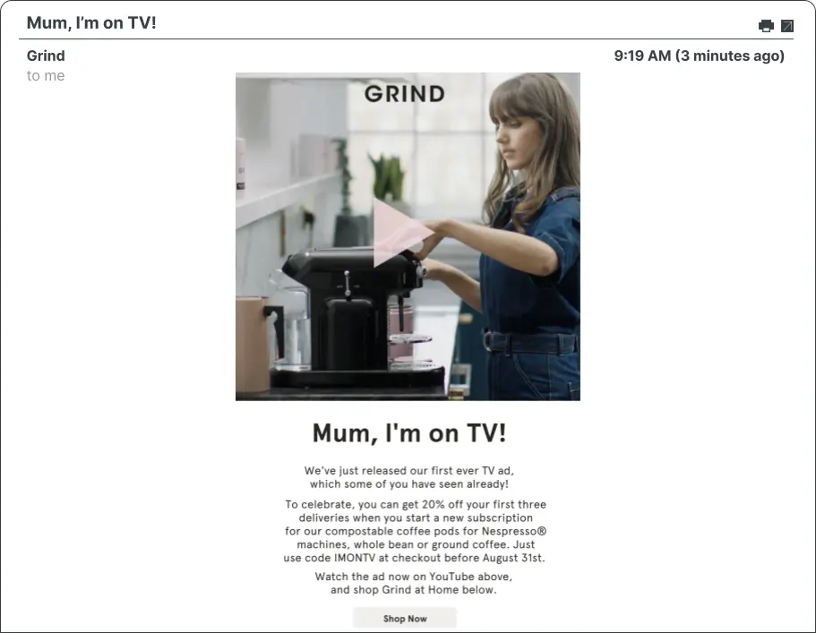 A screenshot of an email campaign from Grind.