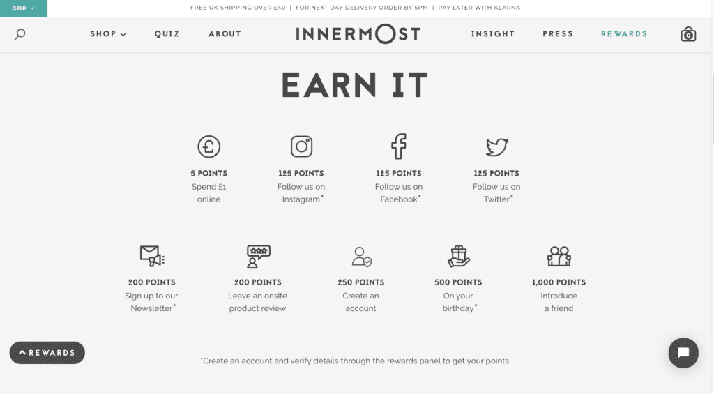 Innermost rewards email with points that can be earned