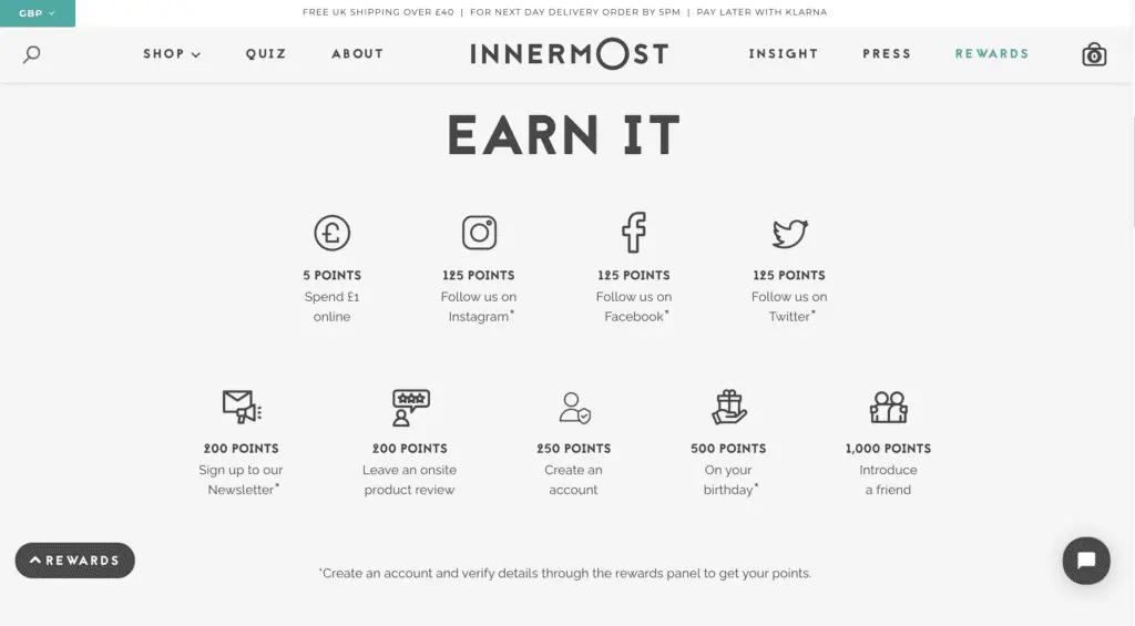 Innermost rewards email with points that can be earned