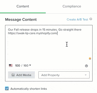 Image shows a back-end dashboard for setting up an SMS A/B test.