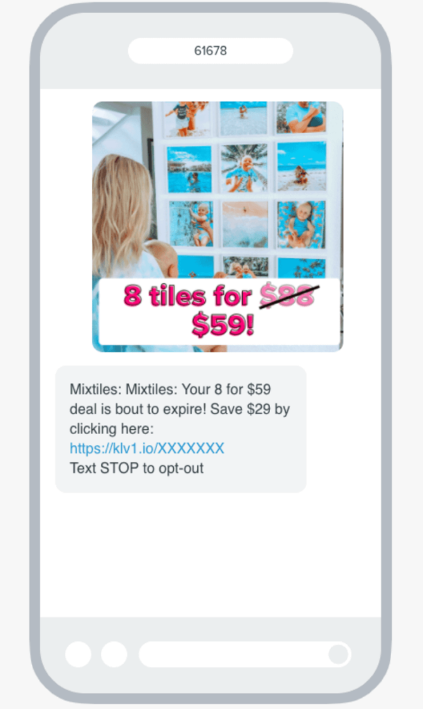 Image shows a promotional SMS marketing example from Mixtiles