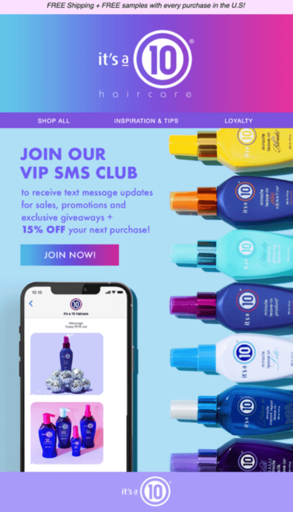 Image shows an email from It’s A 10 Haircare encouraging subscribers to join their SMS list.