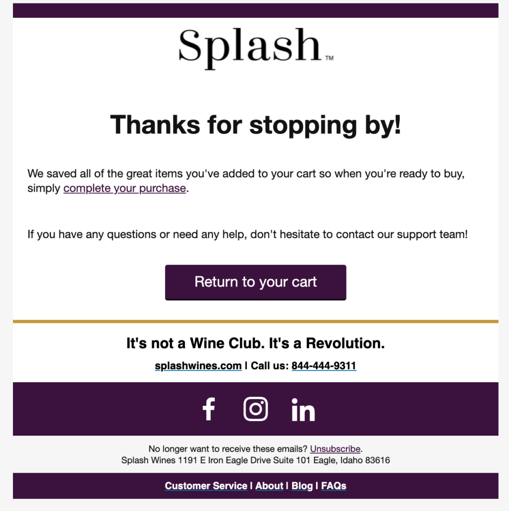 A screenshot of an email campaign from Splash Wines.
